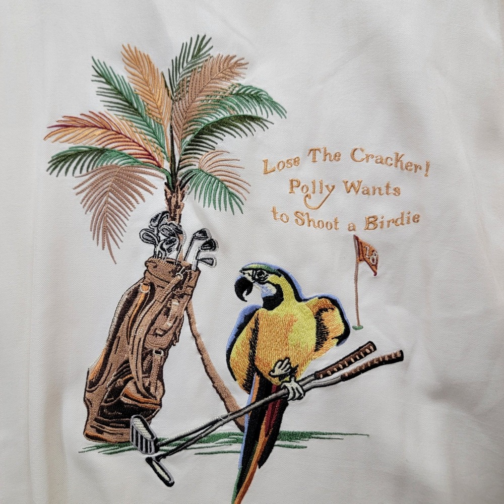 Luau Mens 100% Silk Camp Shirt Cream Golf Parrot Embroidery Limited Edition XL